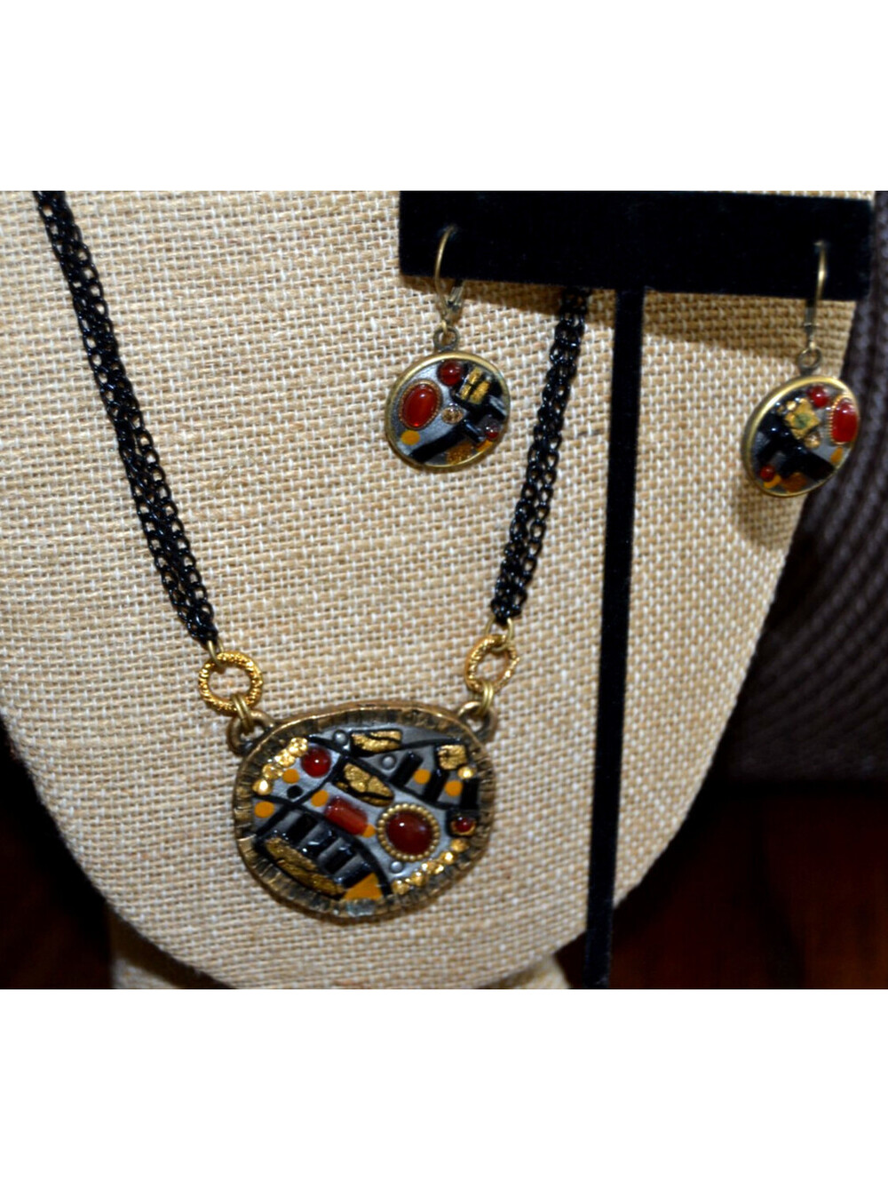 Vintage MICHAL GOLAN Drop Earrings Pendant Necklace MIXED MATERIAL Jewelry Set